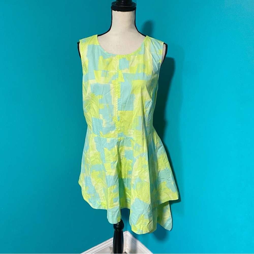 Lane Bryant 18 Green Blue Abstract Asymmetrical Sleeveless Ruffle Blouse